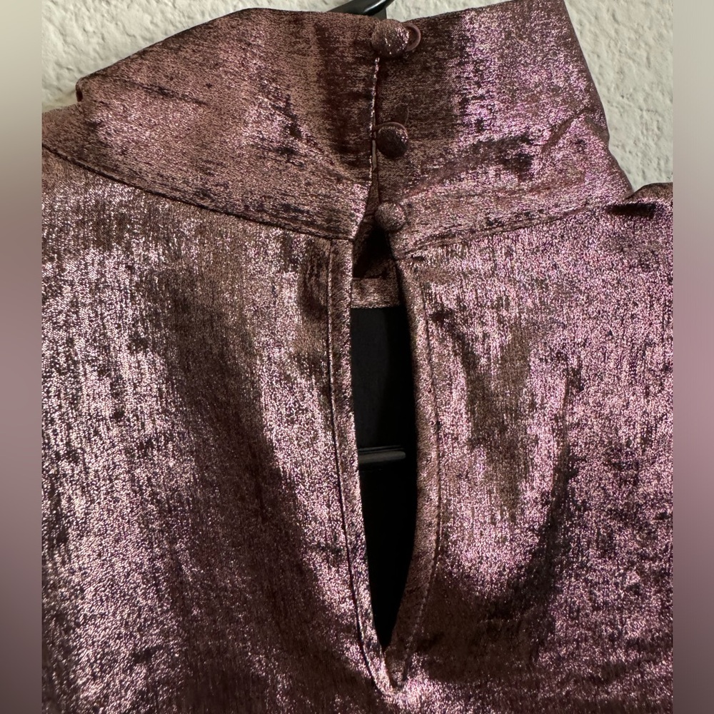 Shiny Metallic Chocolate Brown Rose Gold Longsleeve Top Blouse w/ Bow Accent - Picture 3 of 9